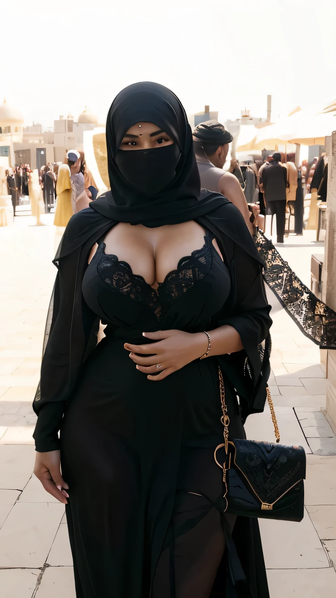 4k, high quality, nice lighting, soft lighting, realistic, dark eyes, sexy, big breasts, thighs, wide hips, arabic dress, leg slit, muscular, toned, long flowing arabic dress, ornate, jewelry, sexy lady, thicc, thick lady, thick hips, asian, hijab, niqab, sexy pose, showing thighs