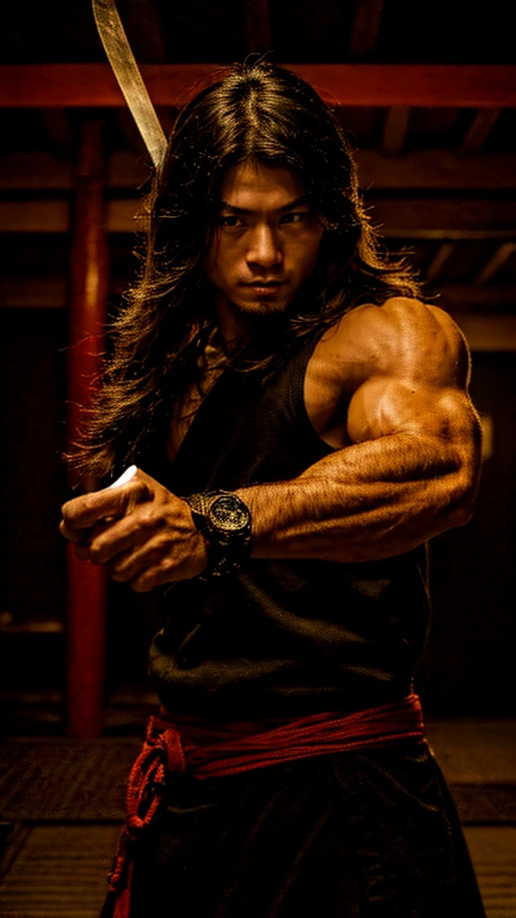 Young Samurai, please stretch your arms, Hold a sword in each hand, Accurate arm and hand detailing, Realist:1.3,( fPhoto, Realist, 8k, RAW Photos, Premium Quality, masterpiece, Great lighting, Centered Images), (Dynamic Movement, Dynamic Fighting,), (2 Knives), Fight with two swords, whole body, (Disheveled brown long hair), (Handsome Japanese young man, 1, Be confident、Trained muscles., Wildman and his body in perfect detail), View your viewers, cyber punk, Warrior, Tokyo, Shibuya Ward,