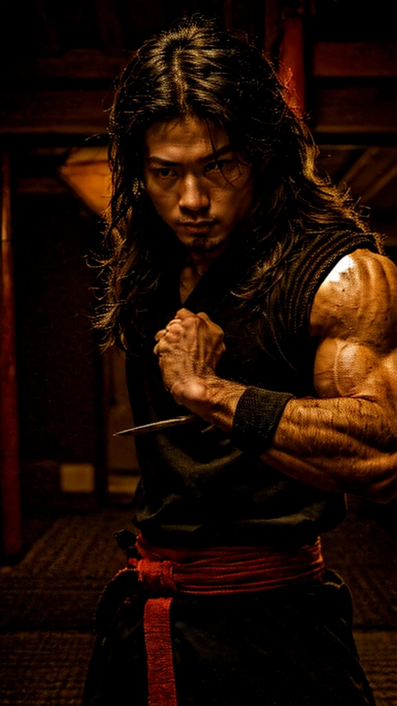 Young Samurai, please stretch your arms, Hold a sword in each hand, Accurate arm and hand detailing, Realist:1.3,( fPhoto, Realist, 8k, RAW Photos, Premium Quality, masterpiece, Great lighting, Centered Images), (Dynamic Movement, Dynamic Fighting,), (2 Knives), Fight with two swords, whole body, (Disheveled brown long hair), (Handsome Japanese young man, 1, Be confident、Trained muscles., Wildman and his body in perfect detail), View your viewers, cyber punk, Warrior, Tokyo, Shibuya Ward,
