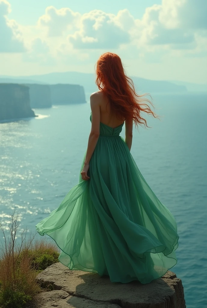 A woman with wavy red hair, backwards, with a long green chiffon dress, Walking along the edge of an abyss, contemplating the view of the ocean, in spring