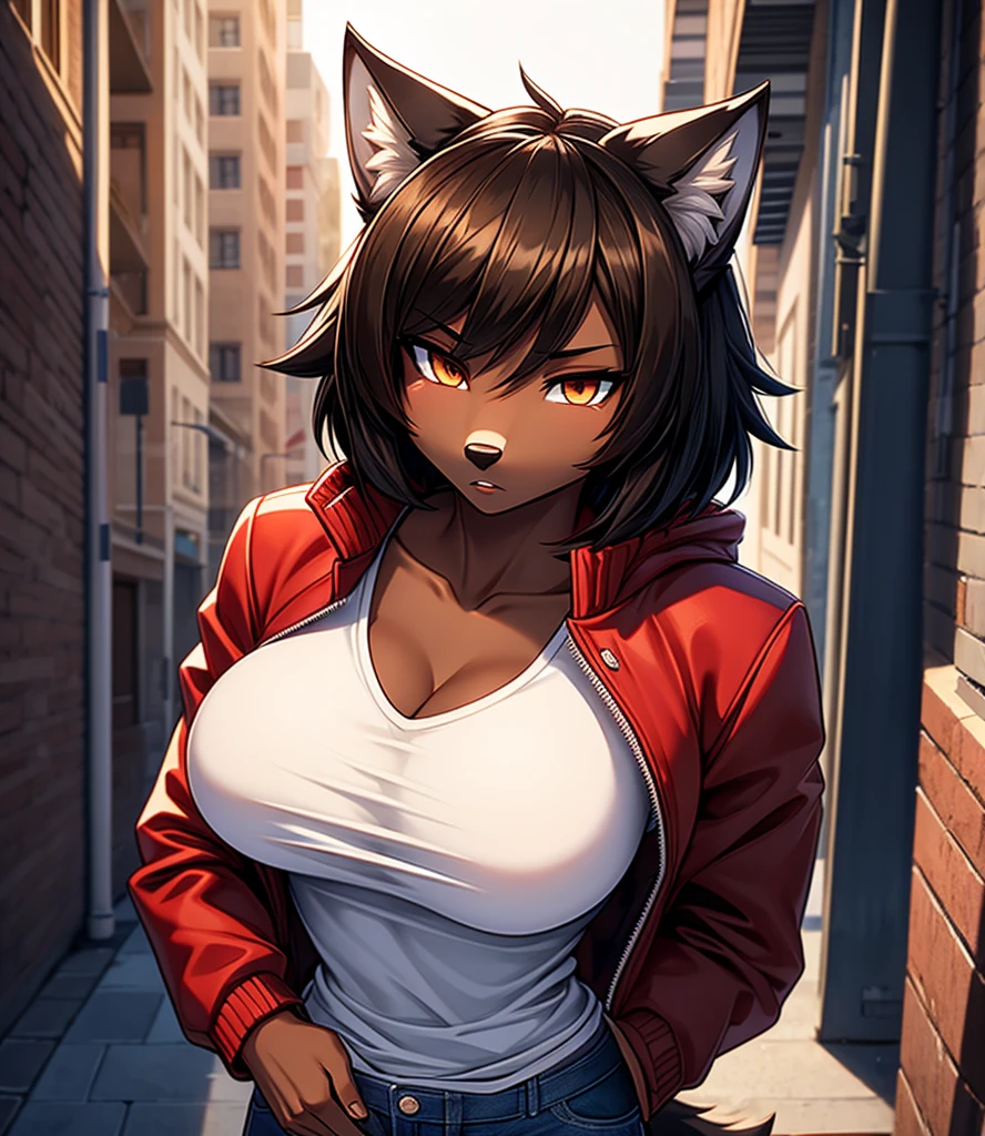 By r-mk, ((Wolf)) (woman) ((brown skin)) standing straight, red cotton jacket, white t-shirt, jeans, black hair, [[serious face]], female eyes, tall woman (furry), muscles, 30 years old, [medium size breast], ((cotton jacket)), [[short hair]], detailed face, good anatomy, well illuminated, sidewalk, ondulated hair, [wolf snout], solo, [face close up], short wolf tail, 2d