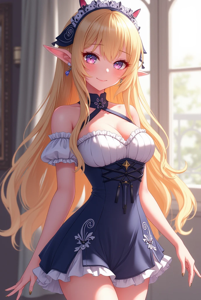 (masterpiece,best quality,ultra-detailed), an anime elf lady who is an elegant and beautiful high-elf maid. She has champagne colored long hair with side-swept bangs, star sapphire slit eyes, high-elf ears, slender body shape, elf curves, wearing beautiful adorned off shoulder maid top, maid short skirt, standing in elegance and grace, smiling elegantly at viewer