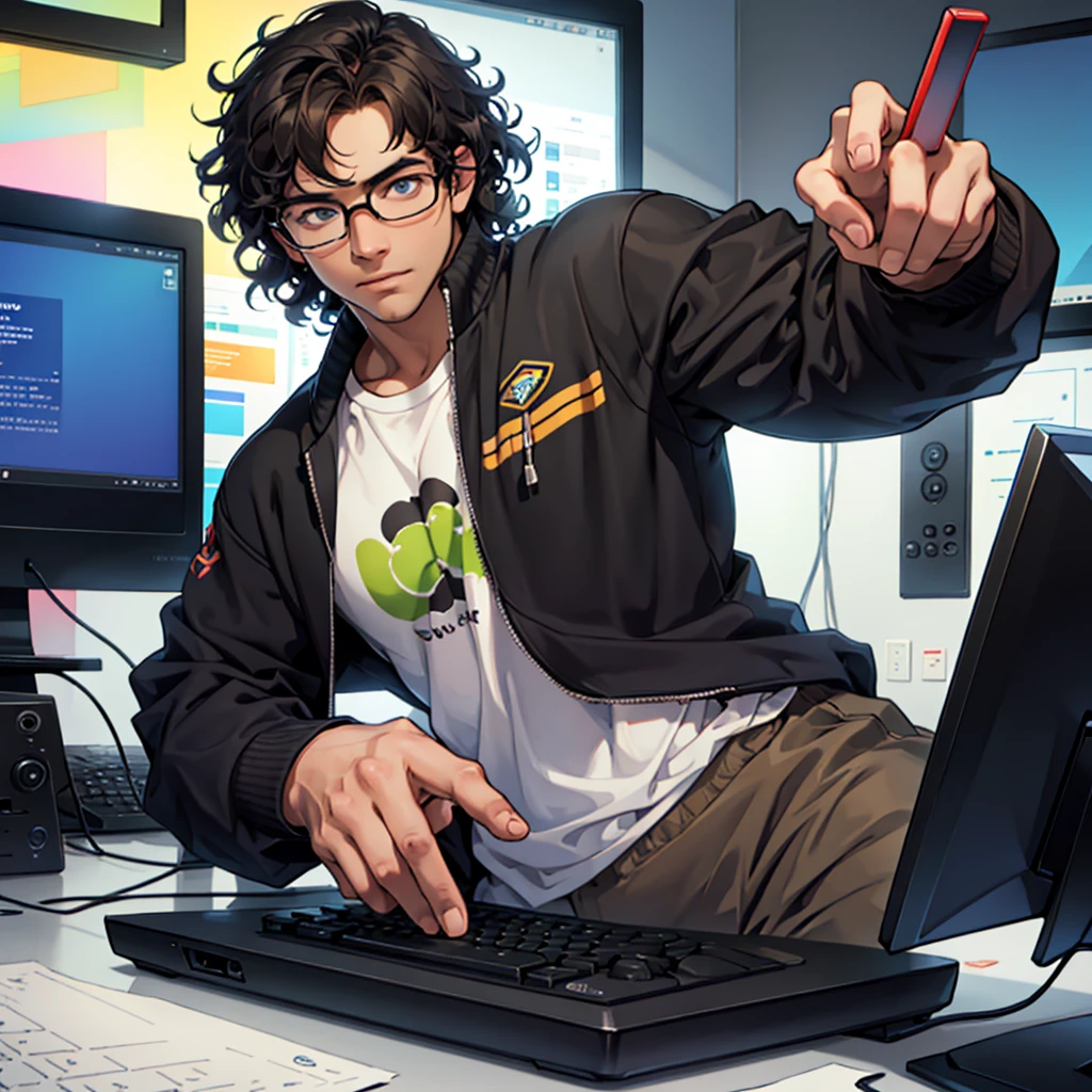 A young man with medium curly hair and round glasses playing on a pc with rgb