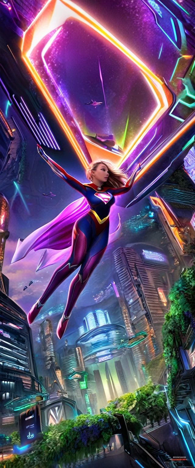futuristic superhero resembling Supergirl, depicted in stunning 8K resolution. He wears a glowing blue and silver suit with intricate circuit patterns and an emblem that pulses with energy. Her musculater heavy busterd body is highlighted , and she has piercing blue eyes that glow with a powerful inner light. Her cape is made of a shimmering, holographic material that shifts colors between blue, silver, and purple. she is floating above a sprawling, futuristic cityscape filled with towering glass and metal skyscrapers. The buildings feature neon-lit facades, digital billboards displaying animated advertisements, and flying vehicles zipping between them. Some skyscrapers have lush green terraces and gardens on different levels, while others have rotating parts or futuristic antennas. Her hands are raised, emitting a soft, green energy that crackles in the air. The sky is a breathtaking twilight purple, filled with stars, and streaks of light from distant aircraft, adding to the futuristic ambiance."