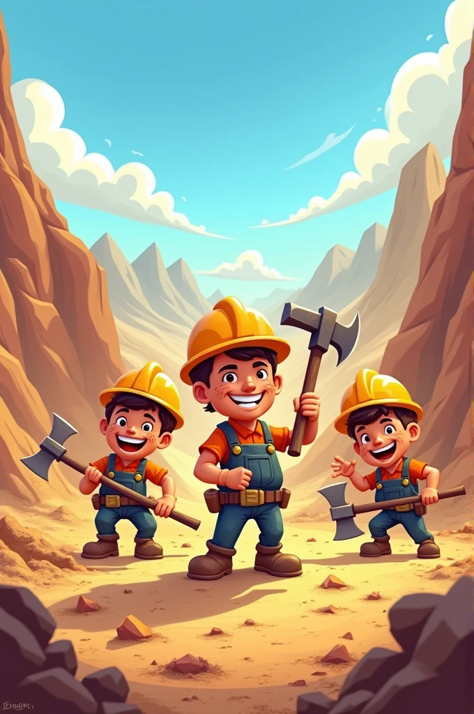 Cartoon of miners working in the open ground