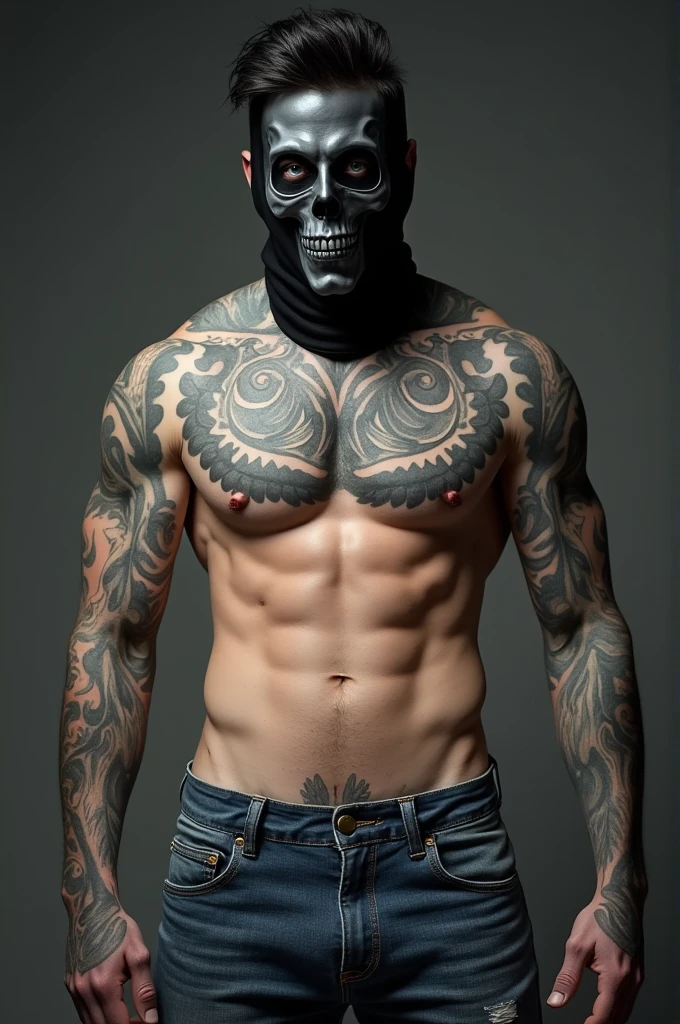 Tattooed white man with tattoo on his arms and chest, muscular black hair in a military social cut blue eyes, wearing a black skull mask. He is wearing jeans with a bare chest