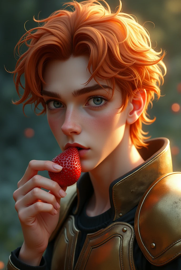 young man of nine teen years. male. deep orange and wavy hair. big gray eyes. oval face. defined eyebrows, straight nose, thick lips. he wears bronze armor. he is bite delicious strawberries. Beauty angelical face. He looks away.