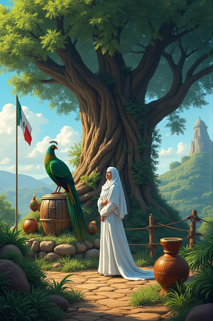 Create an image where the quetzal, the white nun, the ceiba, the marimba tecun human, the flag of Guatemala and the shield are