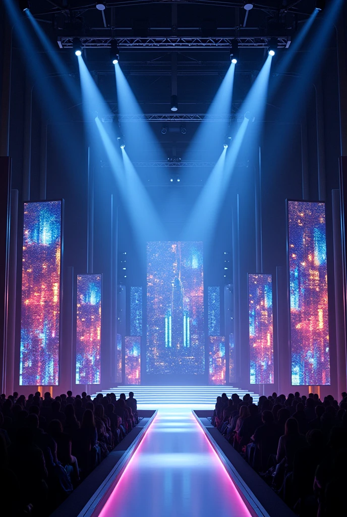 Create a front stage design only to people with a small runway for pageantry with LED screens inside a city skyscrapers motif, with LED screens and beam lights in the ceiling