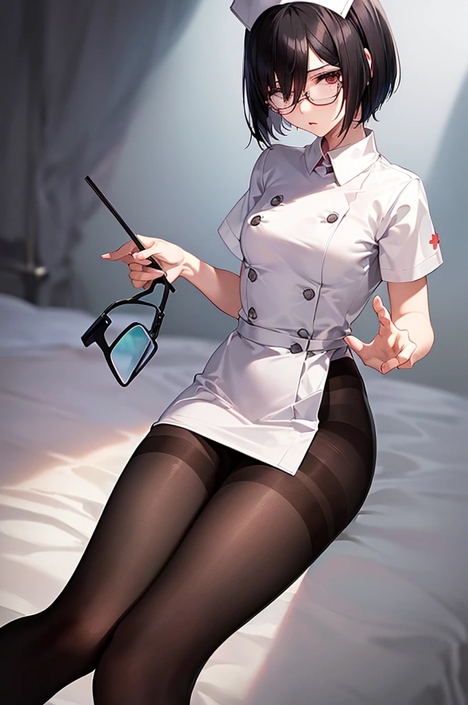 masterpiece, best quality,anime style, 1 girl,(((slender body))), (((small eyes))),(((nurse uniform,black pantyhose,glasses))), (beautiful face), (((short hair))), (((straight hair))), ((((black hair)))),detailed beautiful skin, (perfect hands, perfect anatomy),scream