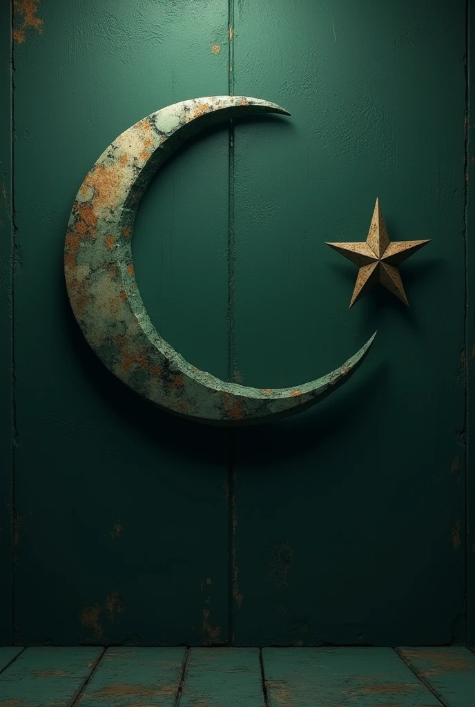 A rigid and dark green textured background with a crescent and star at a slight angle in the middle make it a bit fresh