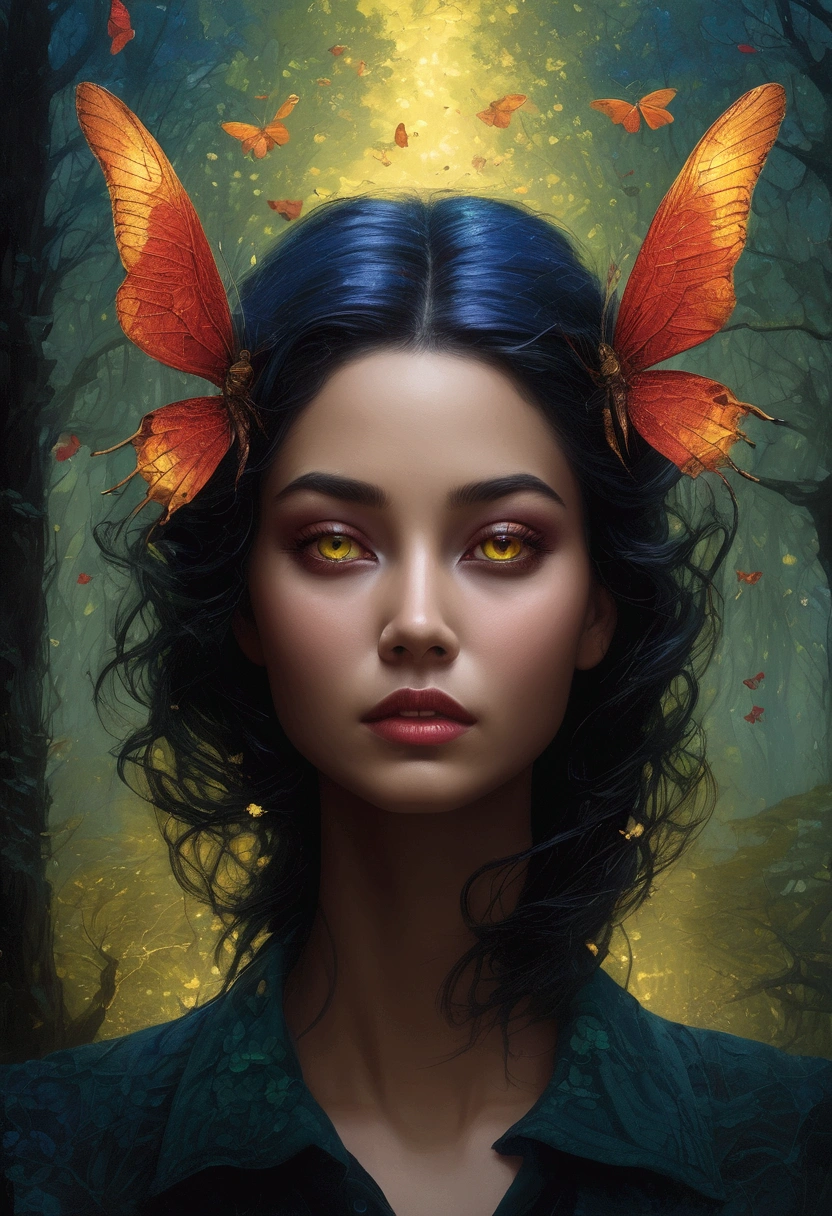 Prompt
A captivating abstract portrait of a woman's face that artfully blends her features with a nighttime forest landscape filled with fireflies. The eyes, nose, and lips stand out in vivid contrast to the surrounding colors, creating a mesmerizing interplay of deep blues, purples, and vibrant hues of red, green, and yellow. The silhouette of the face, with its intense and evocative mood, is enhanced by the dynamic, chaotic environment in the background. This masterful piece combines elements of wildlife photography, illustration, painting, and conceptual art, evoking a powerful sense of emotion and passion., conceptual art, graffiti, wildlife photography, dark fantasy, painting, vibrant, illustration