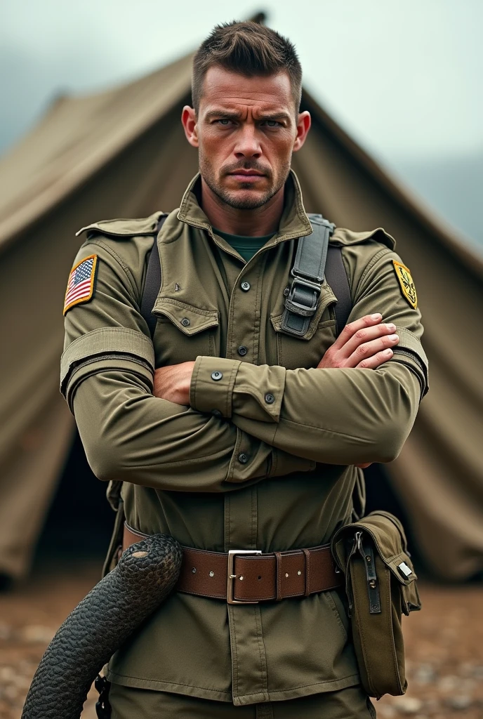sharp man in military uniform in front of a tent, wearing dirty soldier uniform, army, instagram story, wearing roupa militar, Wearing a military uniform, roupa militar, front pose, soldier, brazil, 🐝👗👾, wearing military uniform, david rios ferreira, arms crossed on the chest, lower half of its body is a snake