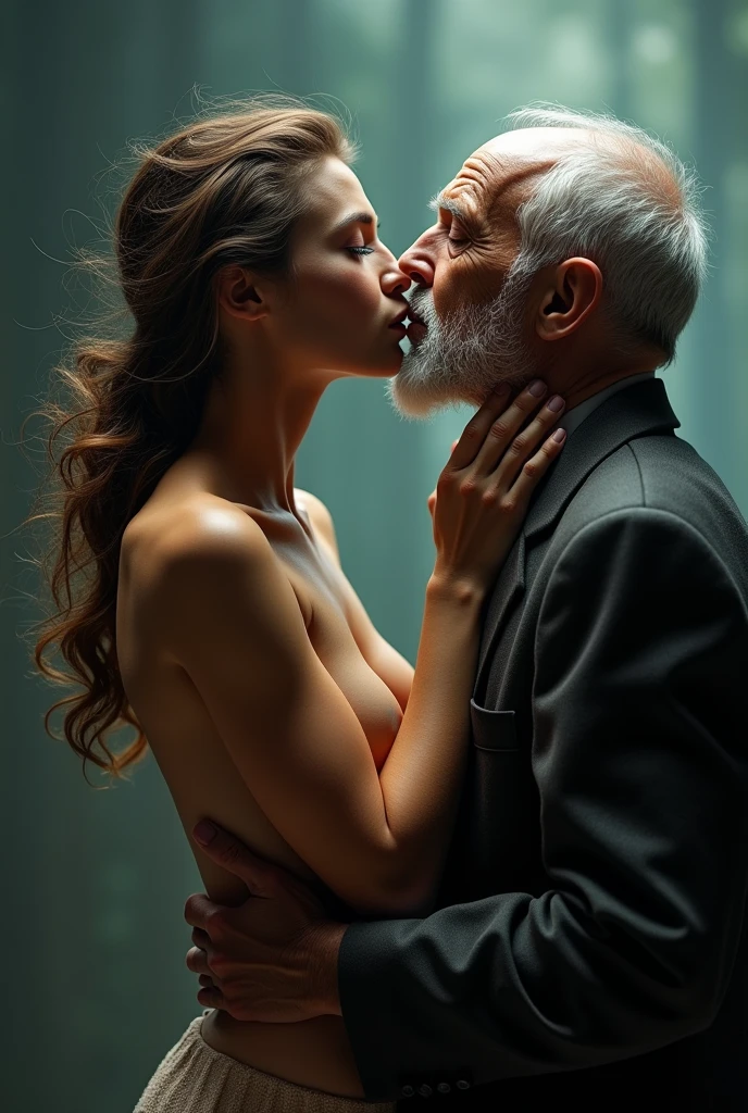 A  is French kissing an old man. Textured skin, Retina screen, 