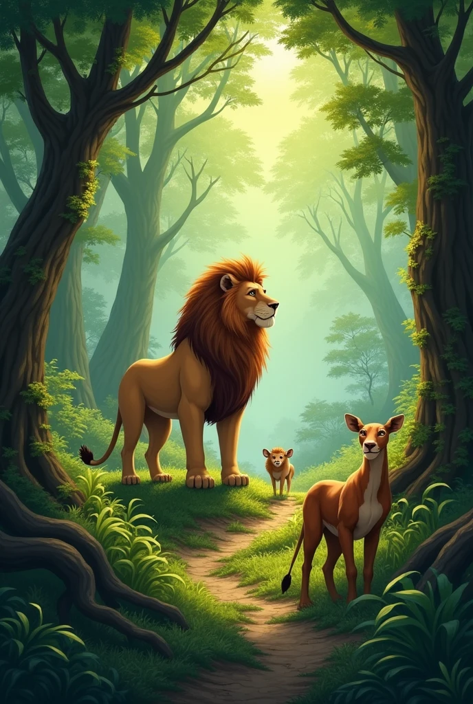 This is the story of a dense forest where all the animals lived peacefully. The king of the forest was a wise and kind-hearted lion. He took care of all the animals and maintained justice in the jungle.