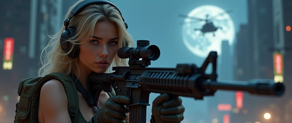 Realistic、Photorealistic、Realistic skin texture、Photo quality、high resolution、High definition、Beautiful arabian girl、The upper body is wearing a camouflage bra top.、Manhattan night view、Very beautiful 1 female soldier、Carrying a military backpack、Wearing a bulletproof vest、Aiming an M4 automatic rifle、Holding a realistic sniper rifle、Blond medium-long hair fluttering in the wind、Wearing an intercom headset、Young face、A military helicopter flies in the sky、The background is a skyscraper district、Smoky battlefield、The background is the night sky、A huge full moon in the center of the sky、The person is a full-body angle、Watching the audience