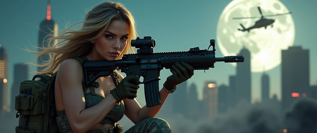 Realistic、Photorealistic、Realistic skin texture、Photo quality、high resolution、High definition、Beautiful arabian girl、The upper body is wearing a camouflage bra top.、Manhattan night view、Very beautiful 1 female soldier、Carrying a military backpack、Wearing a bulletproof vest、Aiming an M4 automatic rifle、Holding a realistic sniper rifle、Blond medium-long hair fluttering in the wind、Wearing an intercom headset、Young face、A military helicopter flies in the sky、The background is a skyscraper district、Smoky battlefield、The background is the night sky、A huge full moon in the center of the sky、The person is a full-body angle、Watching the audience