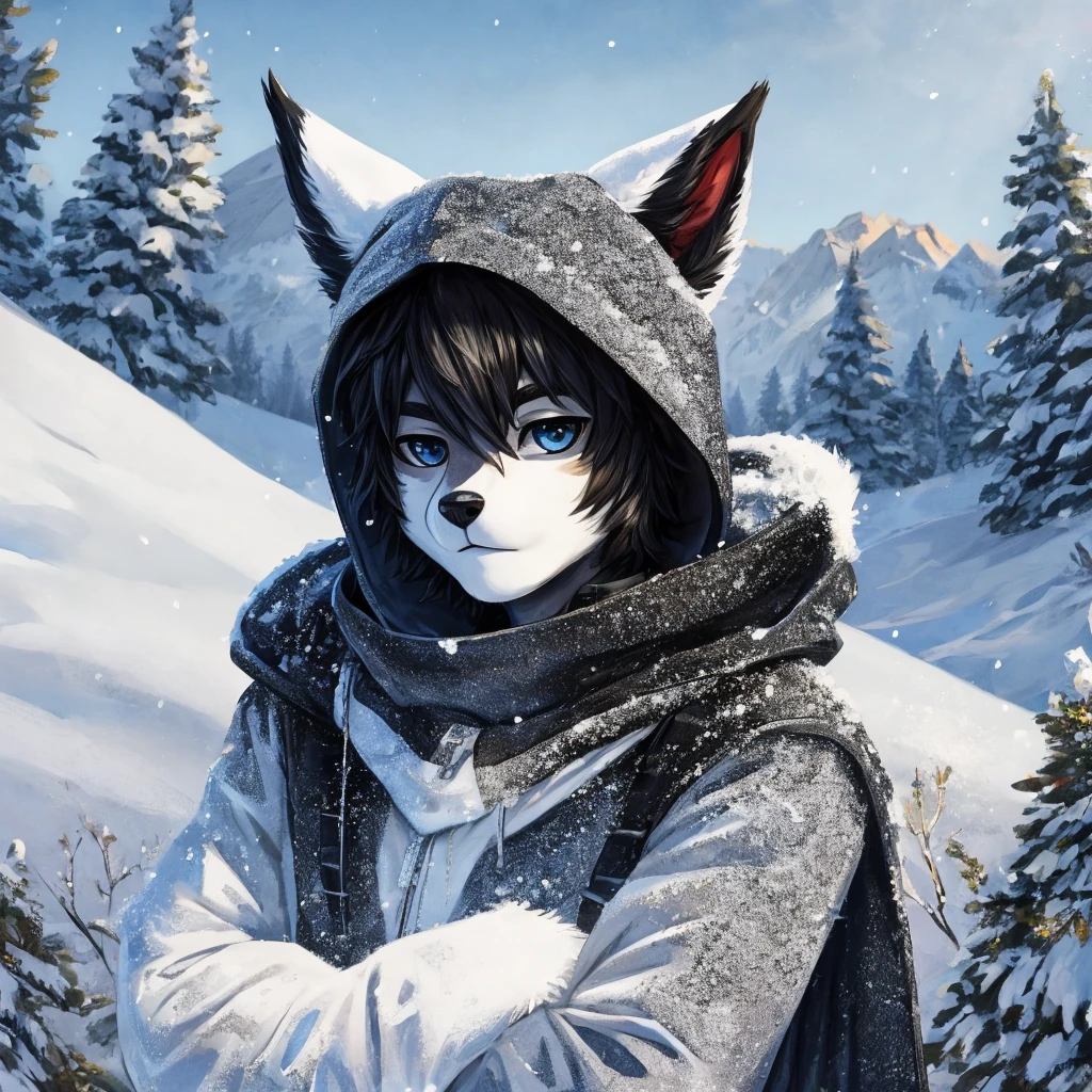 A age furry in the snow with a black and white hood