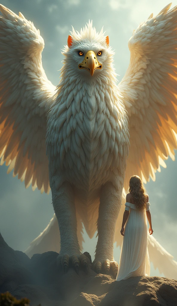 Griffon、Rinとした鷲の顔:1.2、Sharp beak:1.7、Beautiful Wings:1.5、Rin々Fresh lion's body:1.5、god獣、Beautiful coat、godの使いのGriffon、god聖的な生き物、god々しいGriffon、Rinと立つ鋭い目つきのGriffon、Rin々Standing、mist、幻想的なmist、Beautiful sight、BREAK、美しい女god、女godがGriffonの隣に立つ、