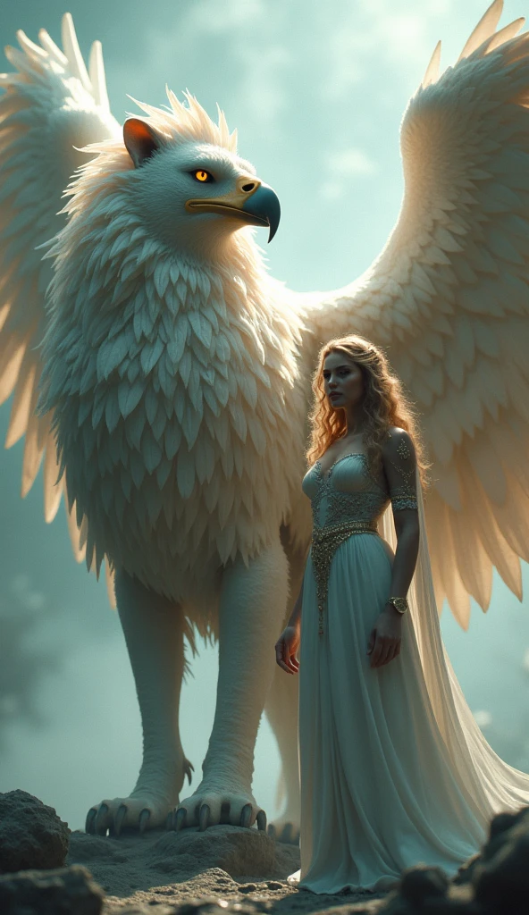 Griffon、Rinとした鷲の顔:1.2、Sharp beak:1.7、Beautiful Wings:1.5、Rin々Fresh lion's body:1.5、god獣、Beautiful coat、godの使いのGriffon、god聖的な生き物、god々しいGriffon、Rinと立つ鋭い目つきのGriffon、Rin々Standing、mist、幻想的なmist、Beautiful sight、BREAK、美しい女god、女godがGriffonの隣に立つ、