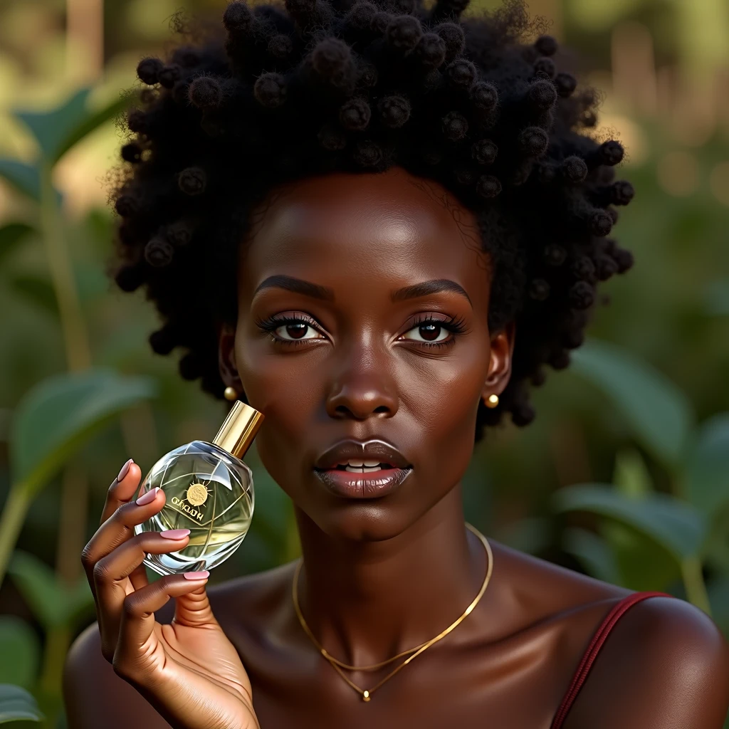 a beautiful ebony-skinned woman, holding a perfume bottle, soft natural lighting, simple blurred background, natural hair and subtle makeup, delicate perfume bottle design, vivid colors, lifelike details, realistic and unpolished, elegant and authentic, (best quality,4k,8k,highres,masterpiece:1.2),ultra-detailed,(realistic,photorealistic,photo-realistic:1.37),portrait,natural setting,warm atmosphere,bokeh background