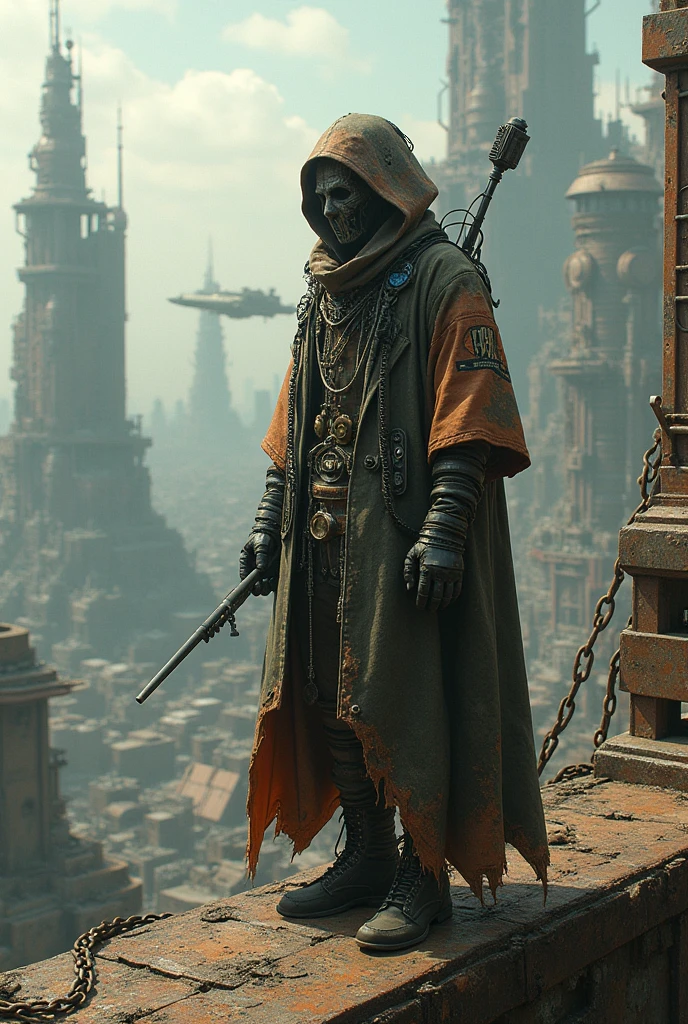 Aerial View of panoramic distopic city, hologram, rusty metal, space ship, mega structure, Mask, Wearing scrap clothes, metal gears, sniper, weapons, spikes, leather trench coat, pipes apparent, Apparent installations, machine scrap exposed mechanic cabling, a screenshot inspired by Mad Max, Neon Ligth, Trash, Garbage, Blade Runner, robotic scrap, android scrap, cyborg scrap, tumblr, dau-al-set, wearing apocalyptic clothes, ornate cyberpunk robes, chains, debris, smog, Vehicule Scrap from Mad Max, dressed as an oracle, tattered robes, intricate costume design, cyberpunk fashion clothing, still from a fantasy movie, post apocalyptic attire, mechanic exposed, cables, scrap, sky line of ruins.