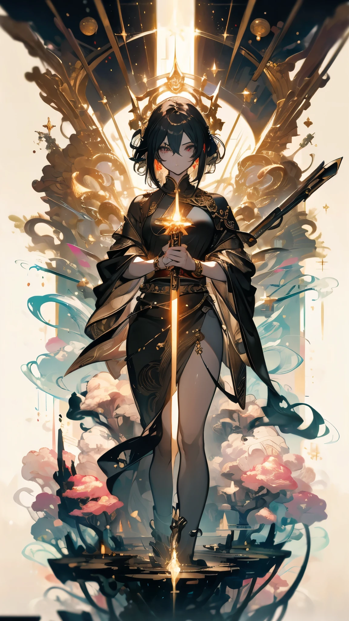((masterpiece, best quality)), Epic battlefield atmosphere,Black Myth,Journey to the West,antiquity,Delicate face,Depicting a beautiful destiny,Golden Cudgel,Short flowing hair,whole body,Standing picture,Sparkling eyes,Perfect body proportions,sexly