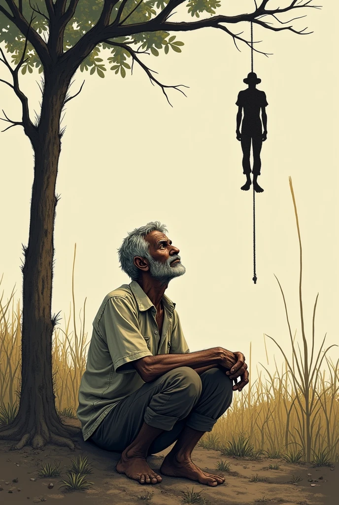 
a poor old  tamil farmer sitting without food in his own farming field sadly seeing the sky photo in side in outline sketch byside one farmer hanging on the tree