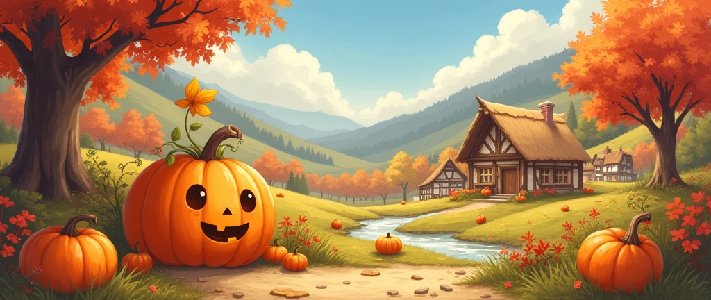 Fall Pumpkin Autumn Aesthetic,Halloween,Cute ,Town Rustic,Cozy Anime, landscape ,Rustic Orange Maple Leaf Cute Village,Scenery