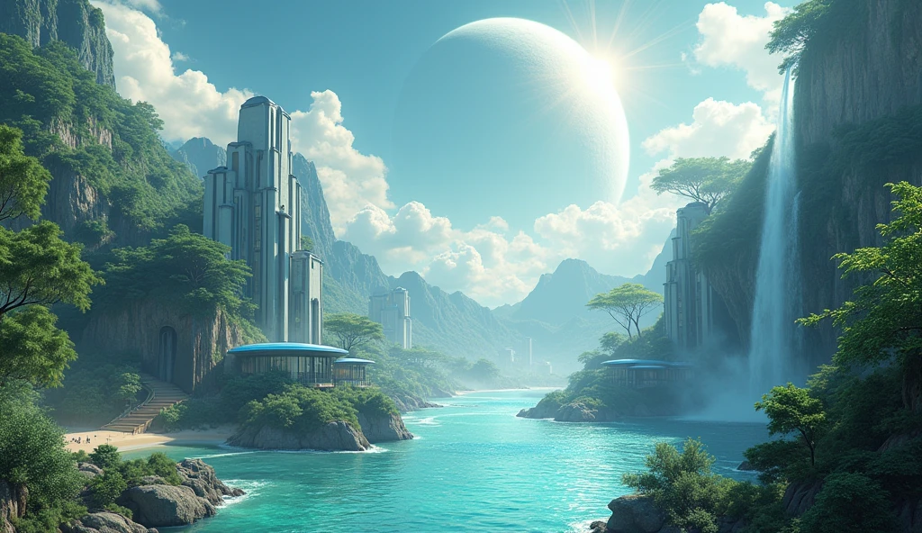 Isometric perspective view. Immerse yourself in a paradise world, enlightened and rich, where the purity of the air and the cleanliness of the environment create an atmosphere of unparalleled serenity. A large nearby planet adorns the crystal-clear sky, complementing the natural beauty of the landscape. Majestic waterfalls flow constantly, serving as the heart of this paradise. The inhabitants of this world, beings similar to humans but more beautiful, tall and elegant in their walk, They live in perfect harmony with nature. Their R Style homes. h. Giger, They are mega futuristic, They are perfectly integrated into the natural environment, merging with the flora and fauna that surrounds them. the sun shines brightly, making the waters sparkle with an almost magical glow. The temperature is ideal, further beautifying the air, while the inhabitants of this place enjoy an eternal and happy existence. The film presents an intricate and harmonious landscape, Captured in a hyper-realistic high-resolution image at 8K. every detail, from artifacts to natural elements, It is highly defined and focused, revealing the perfection of this alien paradise. The cinematography uses a superior wide-angle lens with the maximum possible aperture., allowing every aspect of the scene to be captured with stunning clarity and depth. The lighting is carefully designed in a professional film studio, ensuring that every corner of the stage shines with an ethereal light that enhances the beauty and peace of this world.. "Eternal Harmony" It is a visual journey to an alien paradise, a place where the perfection of nature and the harmony of its inhabitants create a world that seems to be out of time. It is the sunset that dyes the landscape pink and orange and in harmony with the environment, A reminder of what can be achieved when technology and nature coexist in perfect unity..