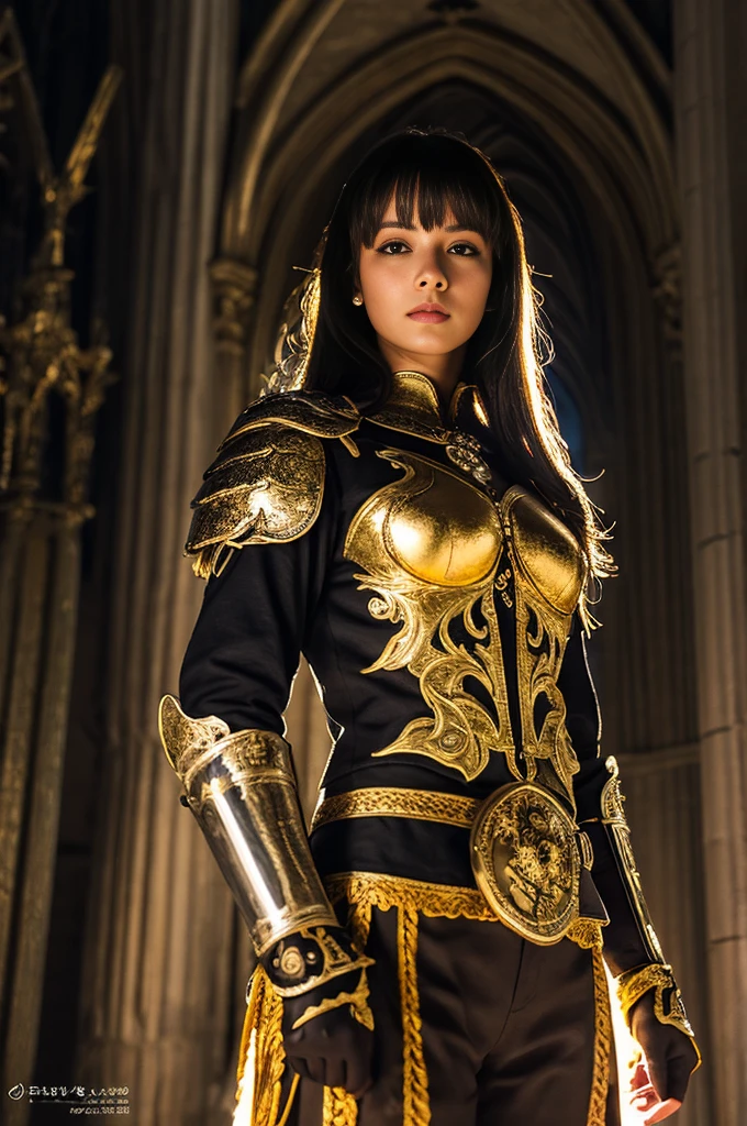 best quality, masterpiece, HDR photorealistic image, extremely detailed, great lighting, BREAK, Female brazilian knight in full armor, hkstyle, white armor with gold decoration, bangs, earrings, holding a legendary sword by the hilt, the sword glowing rainbow, in a gothic cathedral, shafts of light from the windows, High Definition HD, High Detail, Perfect Composition, dark fantasy movie, cowboy shot