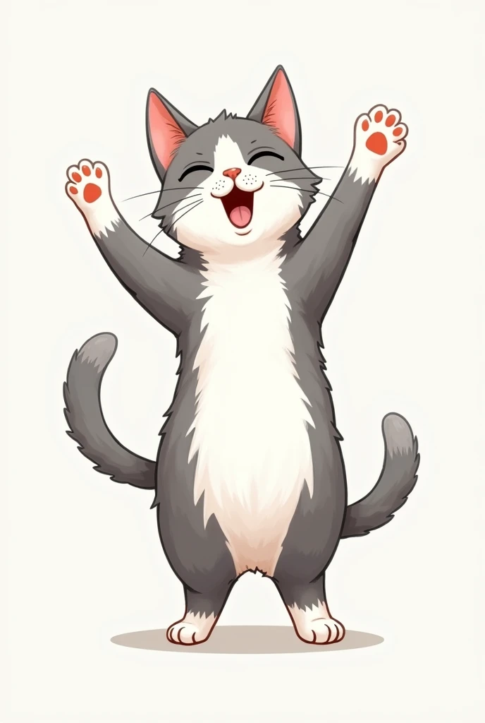 A very happy gray and white cat standing wildly showing its paws ,that looks like a drawing that is female 
