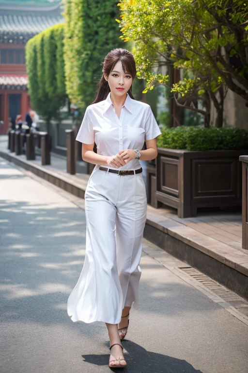 Highest quality, 8k resolution, masterpiece, Professional photography, A 40-year-old beauty with an idol-like face, Walking China's mysterious coast, She is wearing a white one-piece swimsuit.、Portrait Photography, (((Look forward))), (((View your viewers))), Wrinkles around the eyes, Standing Elegantly, Slender and soft body, The most elegant and beautiful very long wavy hair, Ultra-high resolution glossy skin