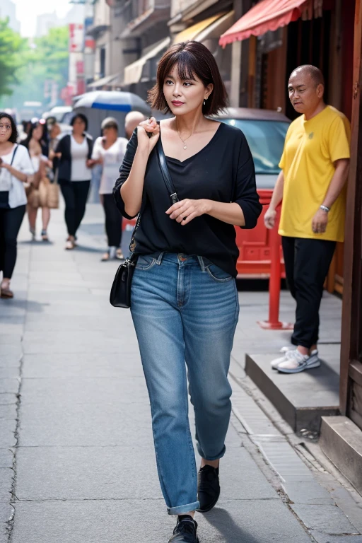 Highest quality, 8k resolution, masterpiece, Professional photography, A 40-year-old beauty with an idol-like face, Walking China's mysterious coast, She is wearing a white one-piece swimsuit.、Portrait Photography, (((Look forward))), (((View your viewers))), Wrinkles around the eyes, Standing Elegantly, Slender and soft body, The most elegant and beautiful very long wavy hair, Ultra-high resolution glossy skin