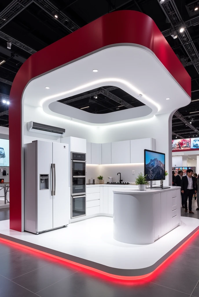 Create a 9 square meter stand for LG Electronics that will participate in a home improvement fair. I want this to have an ecosystem of my main white line products, such as an air conditioner, a refrigerator, a laundry center and a television that has the colors red and white