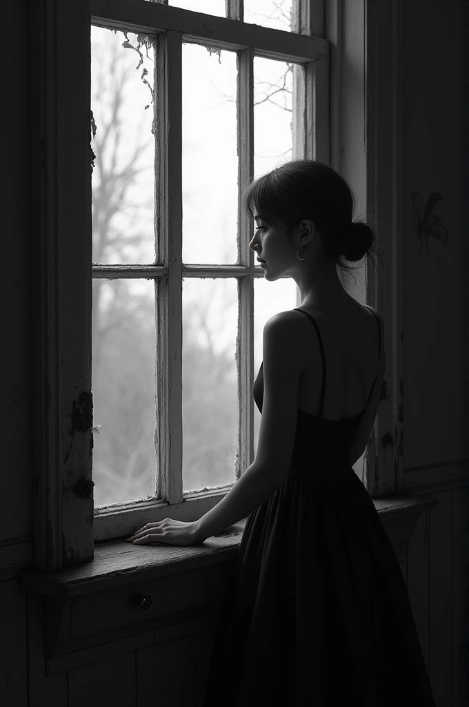 Melancholic woman looking out the window, sad atmosphere, old and black and white