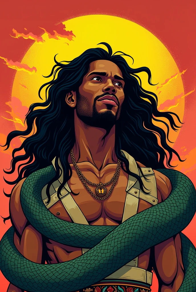 Light skinned black man with long hair black power marsala Anime drawing Snake