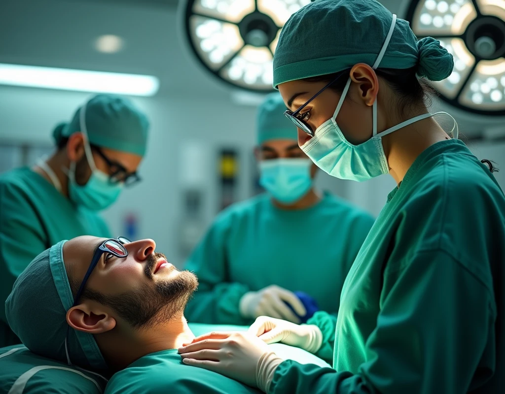 Aishwarya Rai as surgeon, wearing green scrubs, wearing mask and skull cap, wearing surgical glasses, loving male patient, in operation theatre, fullbody view, side view,