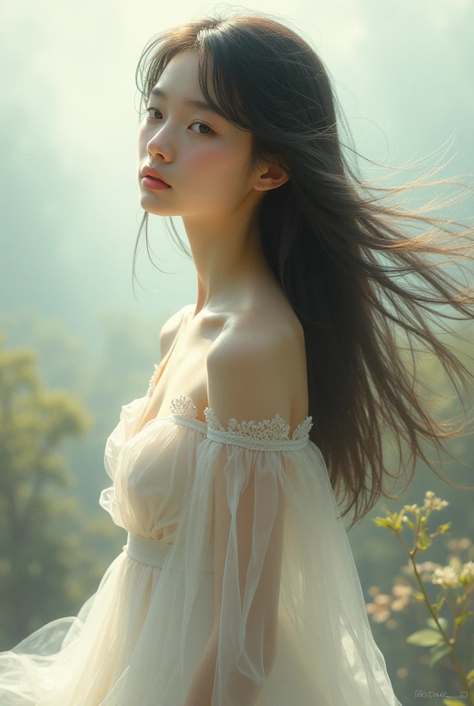 A girl with long straight hair and a dress 