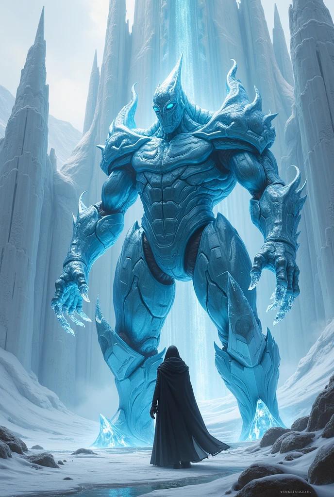 An Ice Golem wearing a black suit In front of a giant ice castle