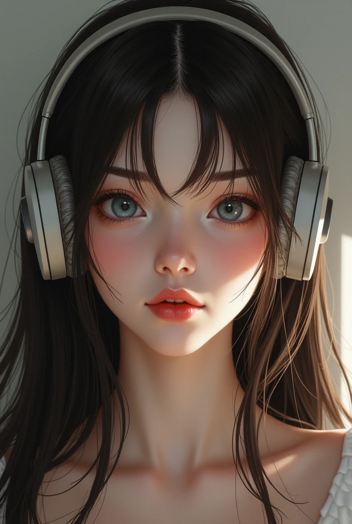 Long hair, looking at the viewer, blue eyes, Brown hair, very long hair, Chapped lips, headphones, blush, 1 girl, Name Akina 
