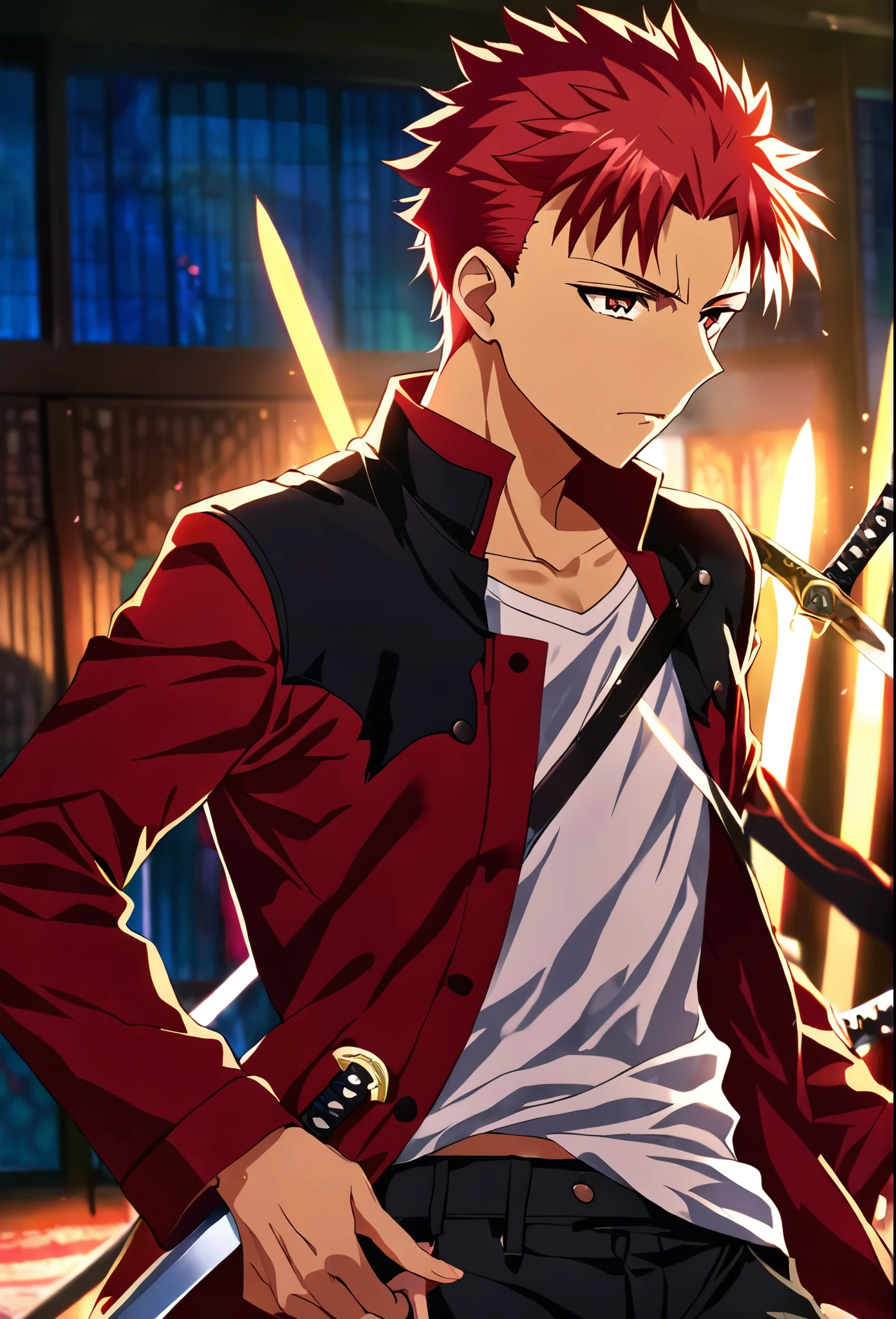 1boy, solo, redhead, Shirou Emiya, fate stay night, black pants, white shirt, black jacket, casual look, surrounded by swords, (best quality,4k,8k,highres,masterpiece:1.2),ultra-detailed ,intricate details,sharp focus,studio lighting,vibrant colors,dramatic lighting,cinematic composition