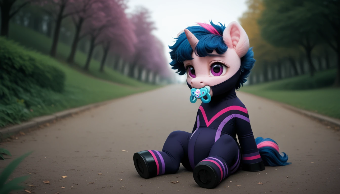pony, Unicorn, purple wool, dark blue mane with purple streak and pink streak, the tail is dark blue with a purple strand and a pink strand, purple eyes, sitting outside, adult filly, dressed in a bodysuit and booties, pacifier in mouth, solo, thick diaper under clothes.