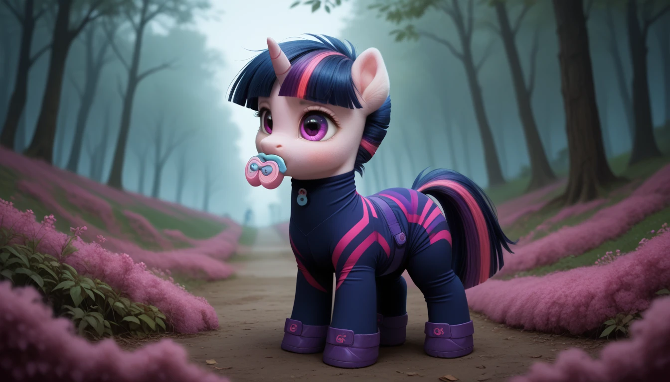 pony, Unicorn, purple wool, dark blue mane with purple streak and pink streak, the tail is dark blue with a purple strand and a pink strand, purple eyes, sitting outside, adult filly, dressed in a bodysuit and booties, pacifier in mouth, solo, thick diaper under clothes.
