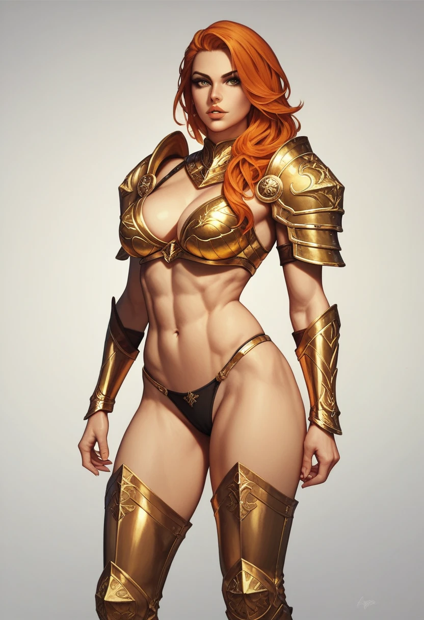 1girl, fitness body, detailed face, detail eyes, detailed lips, orange hair, golden cheek guards, golden bikini armor, golden shoulder armors, golden bracers, big brown belt, black panties, golden boots, thigh-high boots