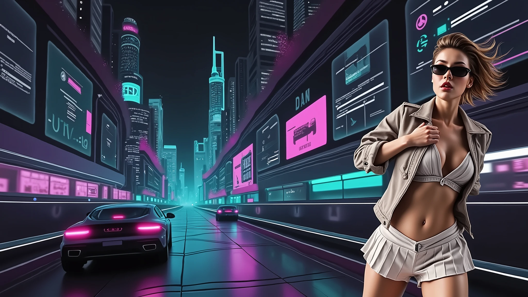 Futuristic cityscapes with colorful all-glass outlined towering skyscrapers with lightning, flying vehicle. High-resolution OLED GUI interfaces in the building, The windows are filled with transparent data visualization infographics that show it all, from weather patterns to traffic flow. Colors are saturated and vibrant. At night, (1girl, solo, alone), photorealistic, large-breast slim:0.6 body, oval:0.5 face, cleavage:1.1, very low angle view of pleated miniskirt, deep-v, (upskirt), glove, (Matrix style black micro sunglasses), dynamic running pose, (half-body thigh level close-up shot), cinematic lighting, ray tracing, motion blur background.