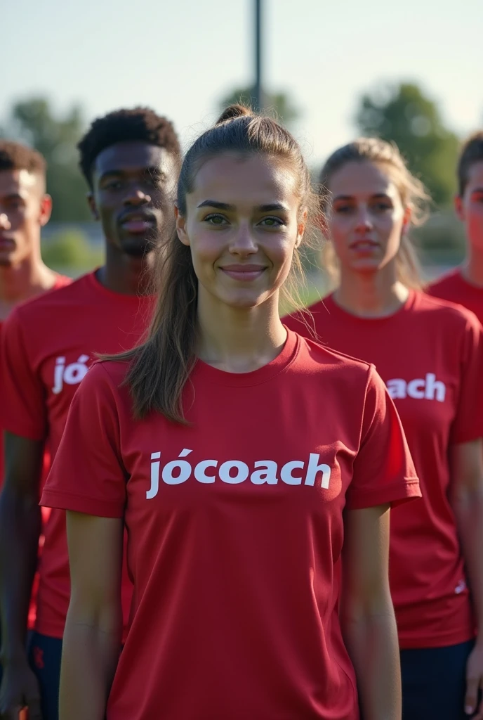 Réalises moi une photo de sportif de groupe de face avec un teeshirt où il est écrit dessus jocoach ils sont en tenue de sportif 