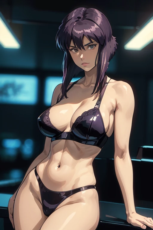 Masterpiece, Top Quality, Kusanagi Motoko, Anime, 8K, "She has shoulder-length dark purple hair with straight bangs and piercing, confident reddish-brown eyes. (Her face is slightly rounded: 1.3). She wears sleek, form-fitting (black underwear: 1.3) clothing. (She is looking straight ahead and staring directly at me.) Her posture is strong and assertive, exuding confidence and dignity. The background depicts the interior of a neon-lit room. The illustration should have a high-contrast, well-focused aesthetic."