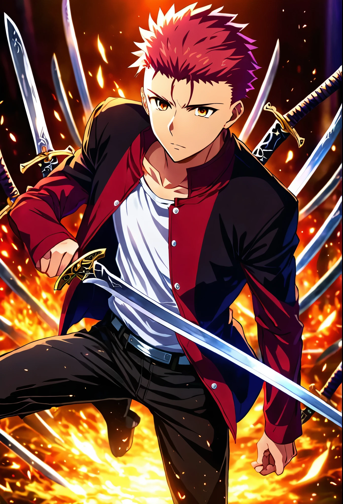 1boy, solo, redhead, Shirou Emiya, fate stay night, black pants, white shirt, black jacket, casual look, surrounded by swords, (best quality,4k,8k,highres,masterpiece:1.2),ultra-detailed ,intricate details,sharp focus,studio lighting,vibrant colors,dramatic lighting,cinematic composition