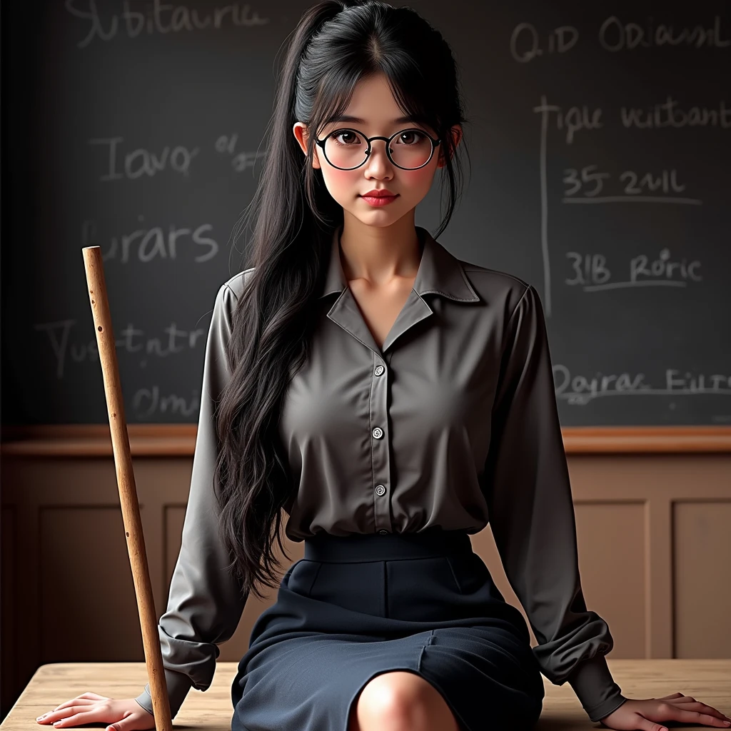 25yo, A woman with long black hair in a ponytail, wearing round clear glasses, (a dark gray teacher's uniform, a short dodger blue pencil skirt:1.32), carrying a wooden stick, (detailed portrait of an East Kalimantan woman:1.38), sitting on a table, in a classroom, with a blackboard background, realistic, 8k, high resolution, intricate details, photorealistic, elegant, warm lighting, cinematic, beautiful detailed eyes, beautiful detailed lips, extremely detailed face